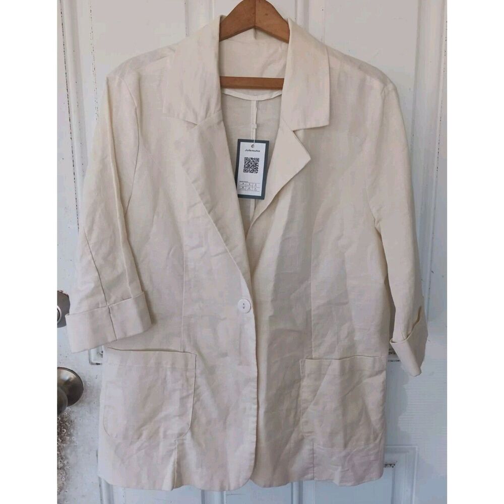Linen Blazer Jacket Womens XL Cotton 3/4 Sleeve Crop Work Casual Jofemuho beige